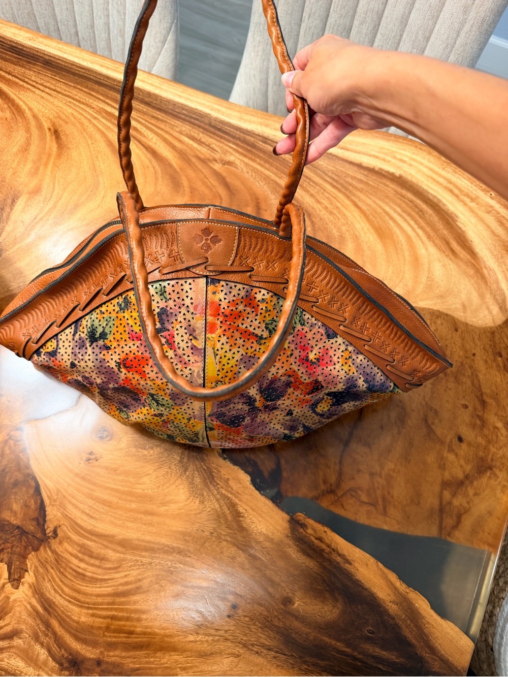 Patricia Nash Floral Perforated Leather Tote Artisan Collection Hand-Painted - Picture 8 of 12